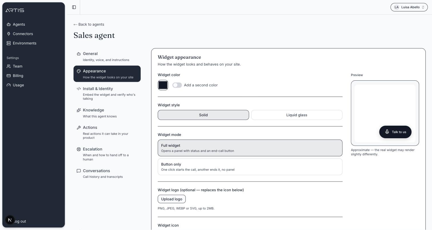 Artis voice widget matched to a product's brand